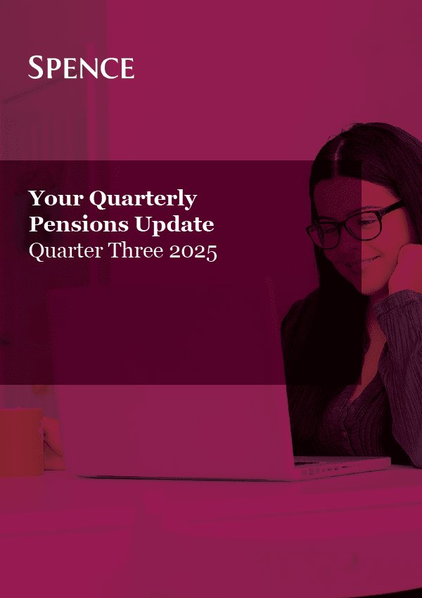 A woman with glasses using a laptop, overlaid with text "Your Quarterly Pensions Update, Quarter Three 2025." The tone is professional and informative.