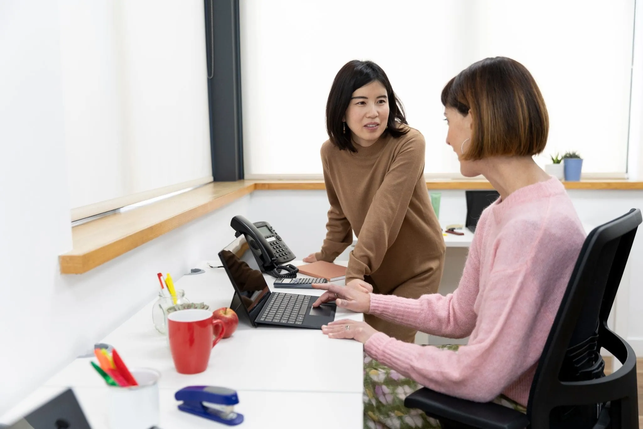 Two women in a bright office collaborate at a desk with laptops. One in a brown sweater stands, while the other in pink sits, gesturing. A red mug and office supplies are visible, creating a professional yet friendly atmosphere.